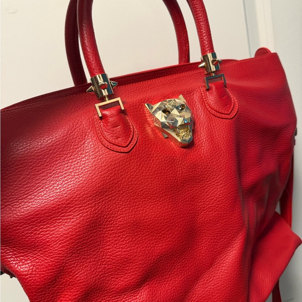 Philipp Plein Red Leather Tote with Gold Panther Accent